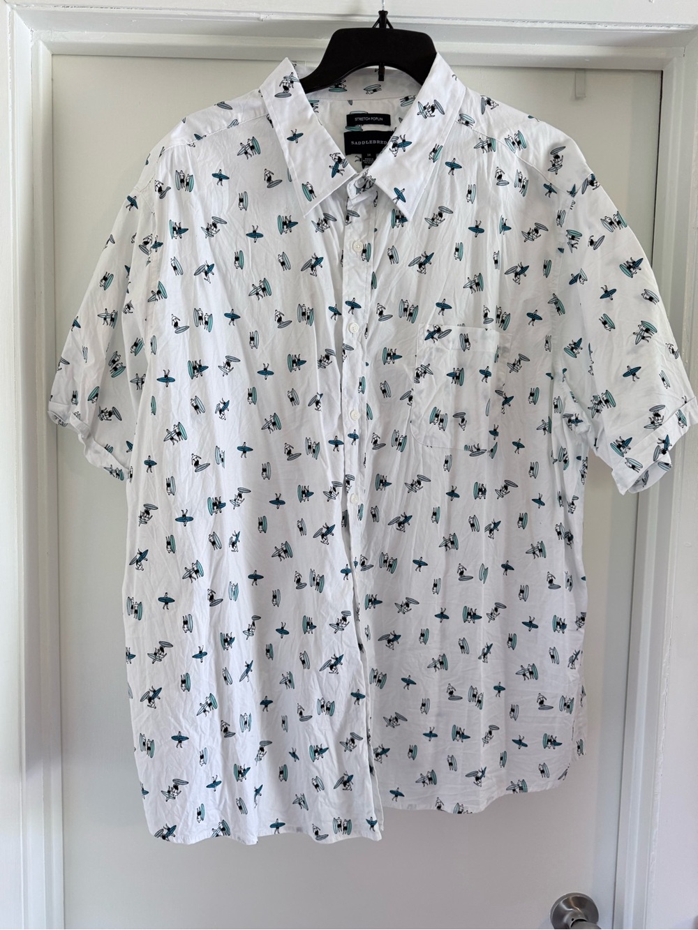 Saddlebred White Short-Sleeve Button-Down Shirt with Teal & Black Surf Print